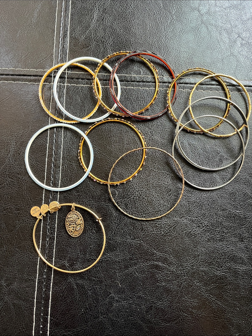 Source Unknown Gold, Silver and Brown Mixed Bangle Bracelet Set